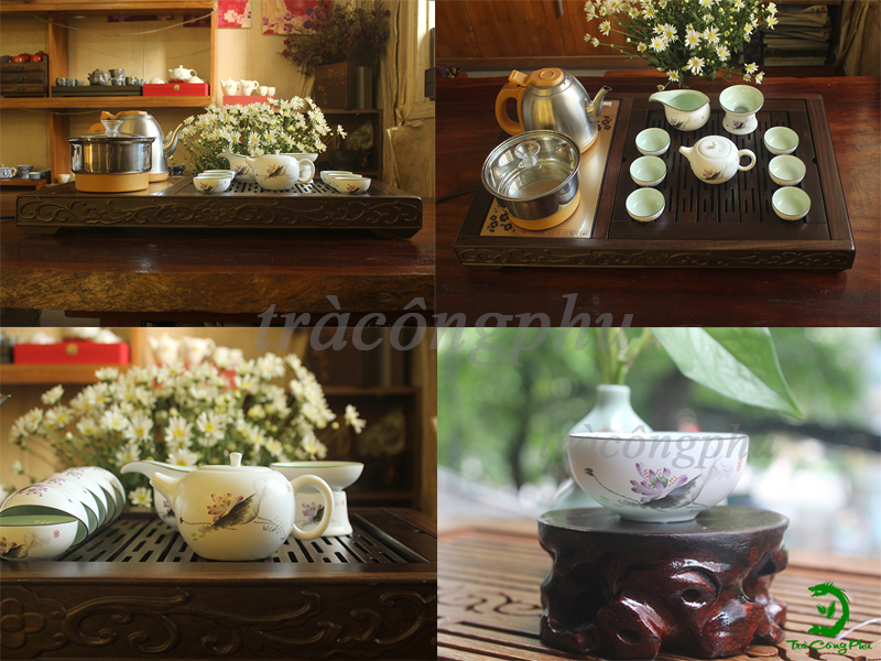 Bộ ấm chén bao gồm 1 ấm và 6 chén, 1 tống chuyên trà, 01 phễu lọc